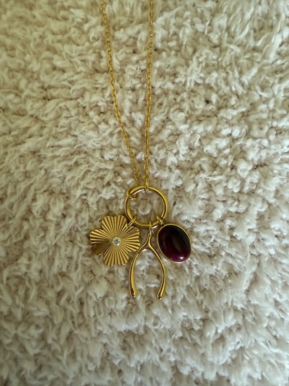 Madewell Gold Floral Charm Necklace with Deep Red Stone - Picture 3 of 5